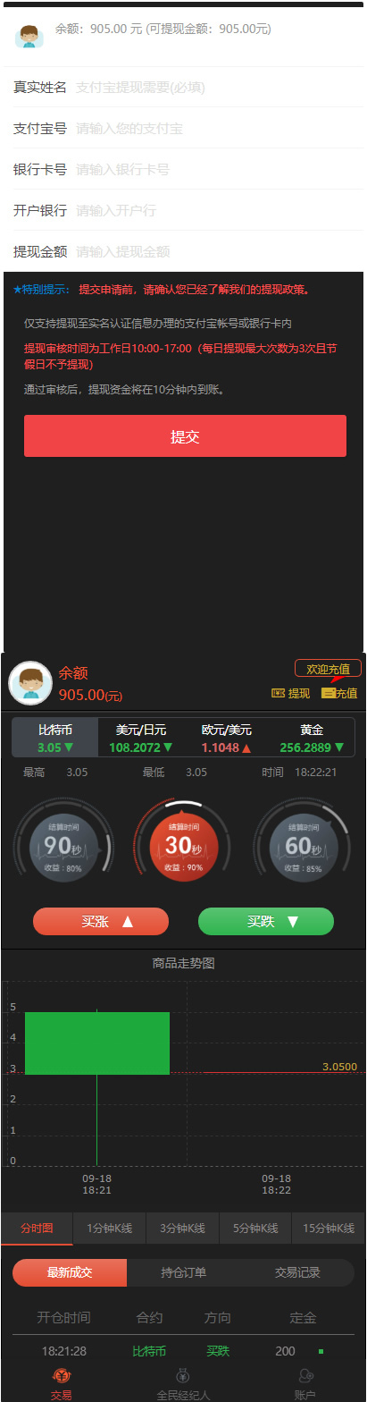 全新界面微交易系统微盘时间盘风控版源码/集成免签码支付接口/防拦截代码